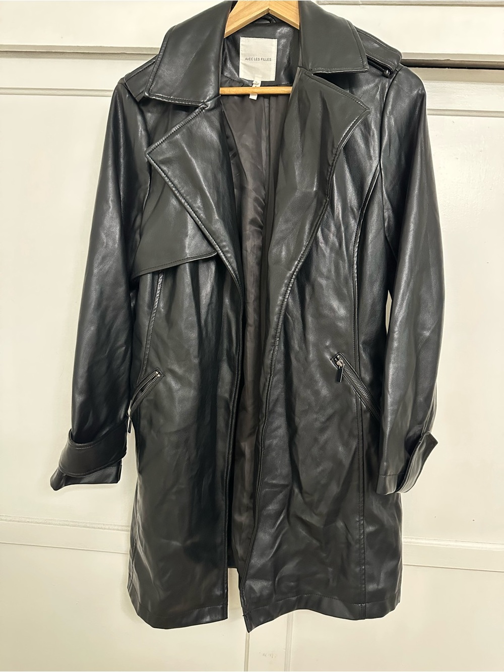 Avec Les Filles Black Faux Leather Trench Coat